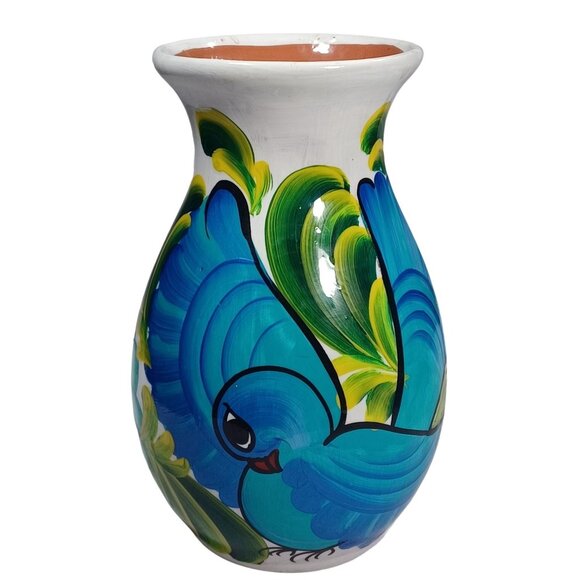 Mexican Folk Art Pottery Talavera Peacock Daisy Flowers Floral Hand Painted Vase - Picture 4 of 8